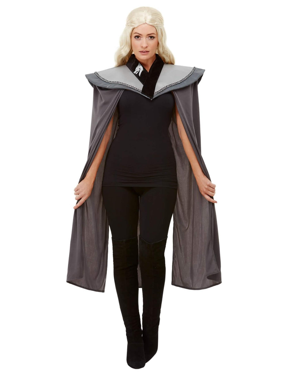 Capa medieval para mulher cinzenta com colarinho preto e brasão de dragão