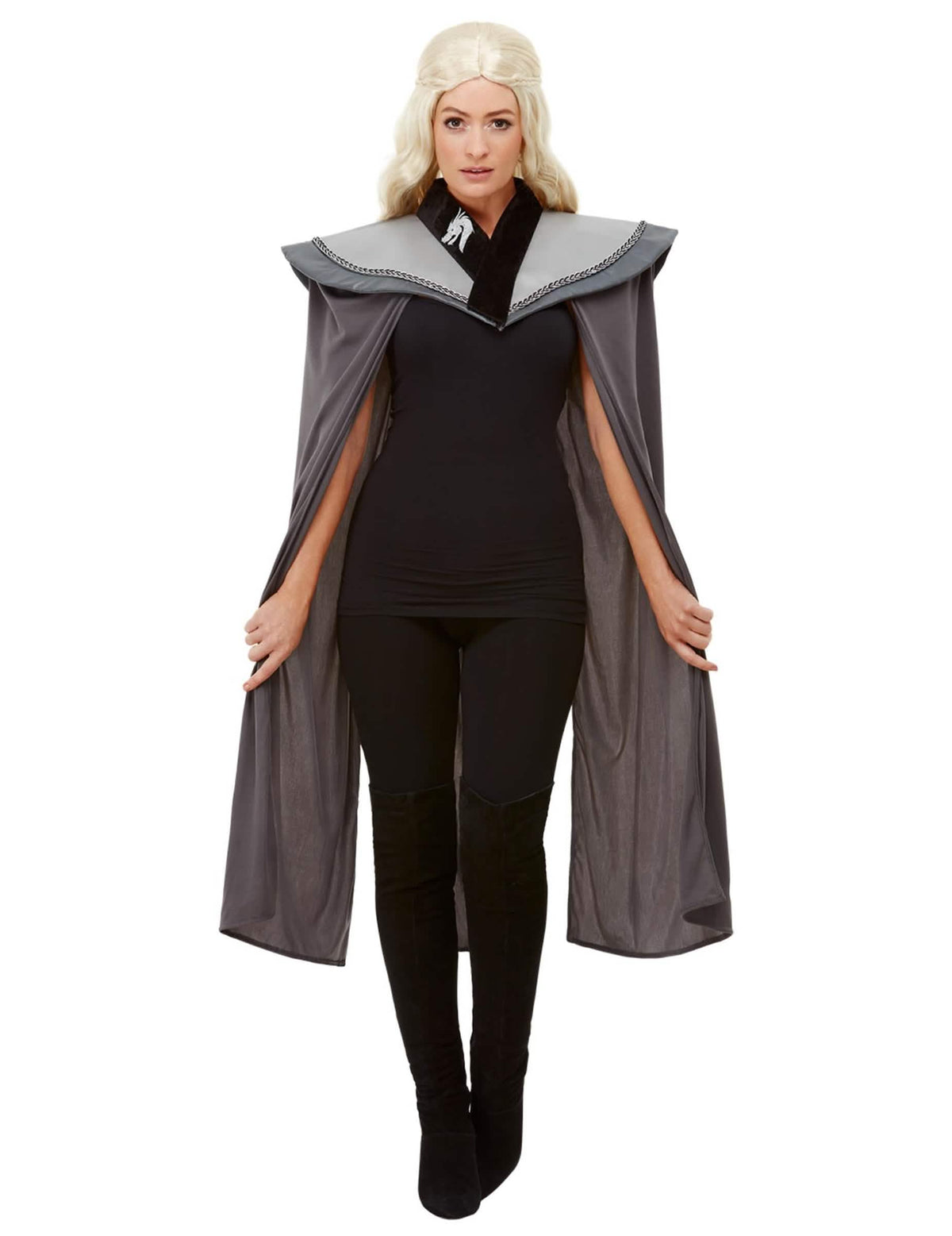 Capa medieval para mulher cinzenta com colarinho preto e brasão de dragão