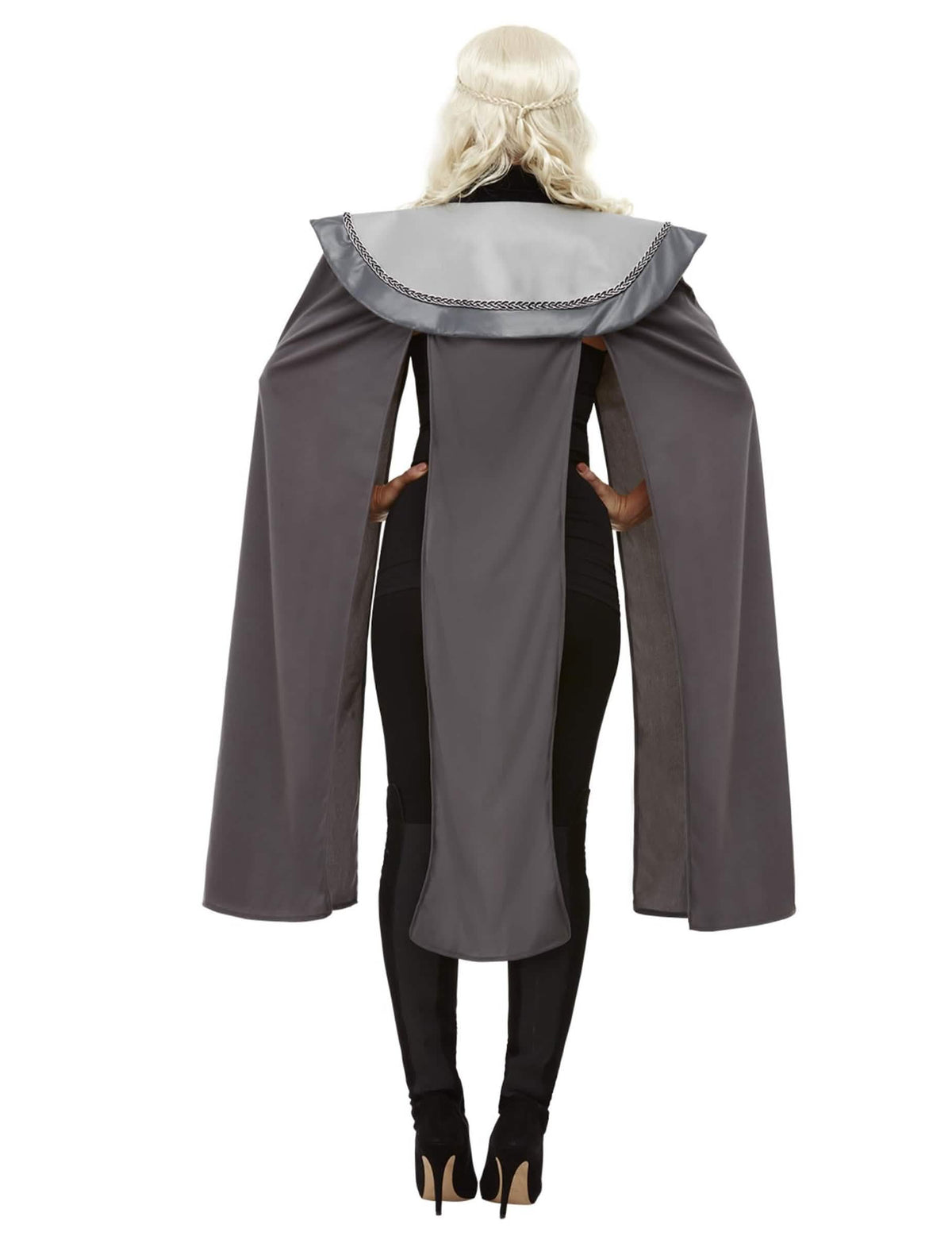 Vista de trás da capa medieval cinzenta para mulher