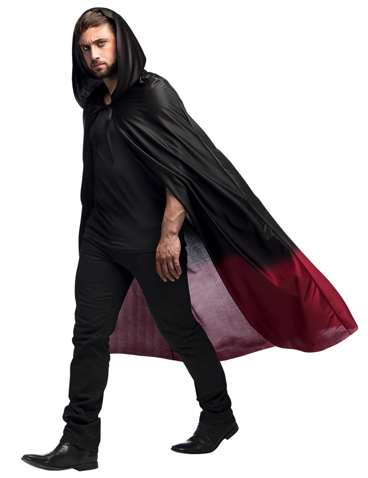 Vue de trois-quarts de la cape Halloween pour adulte noire avec dégradé rouge