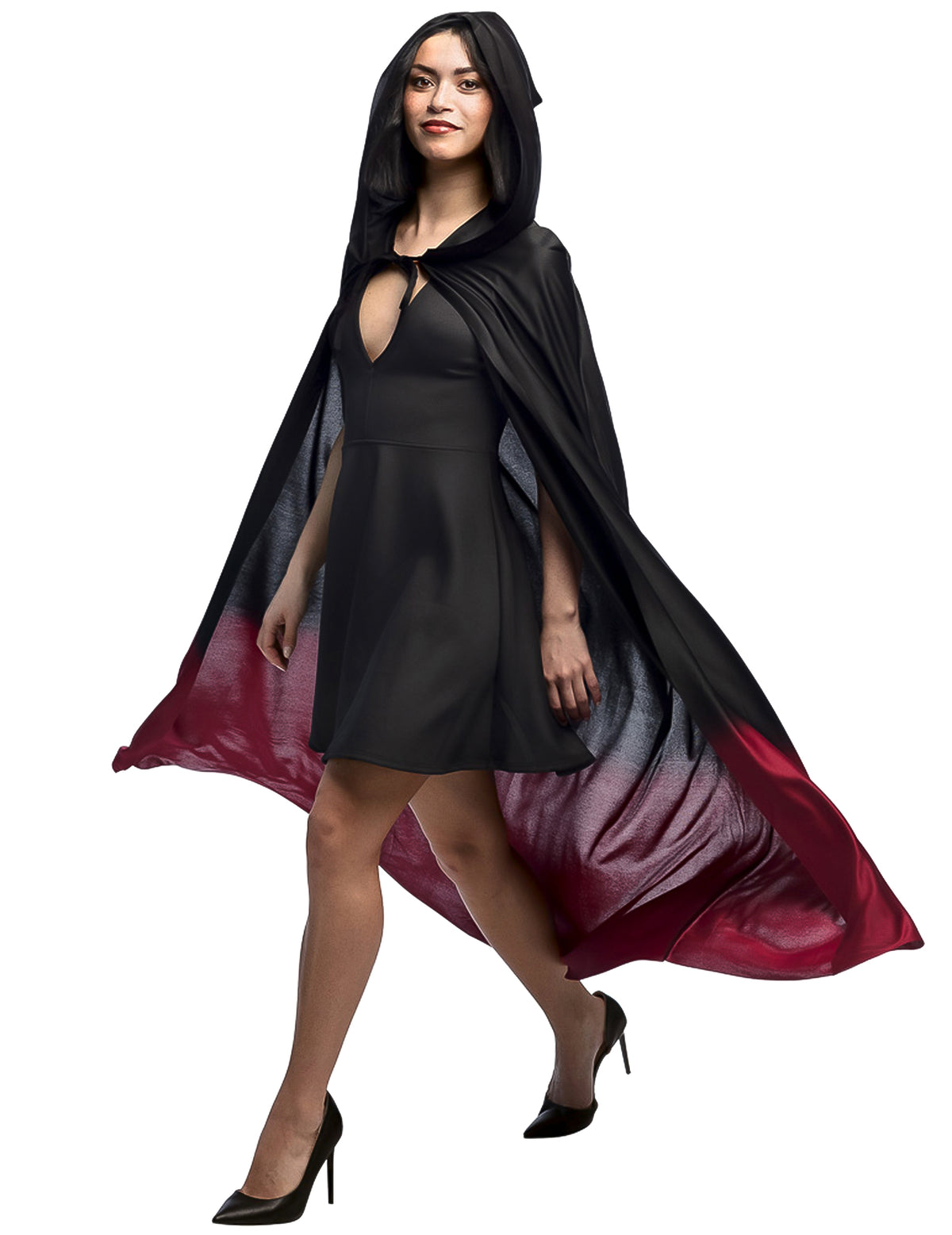 Vue de face avec capuche de la cape Halloween pour adulte noire avec dégradé rouge
