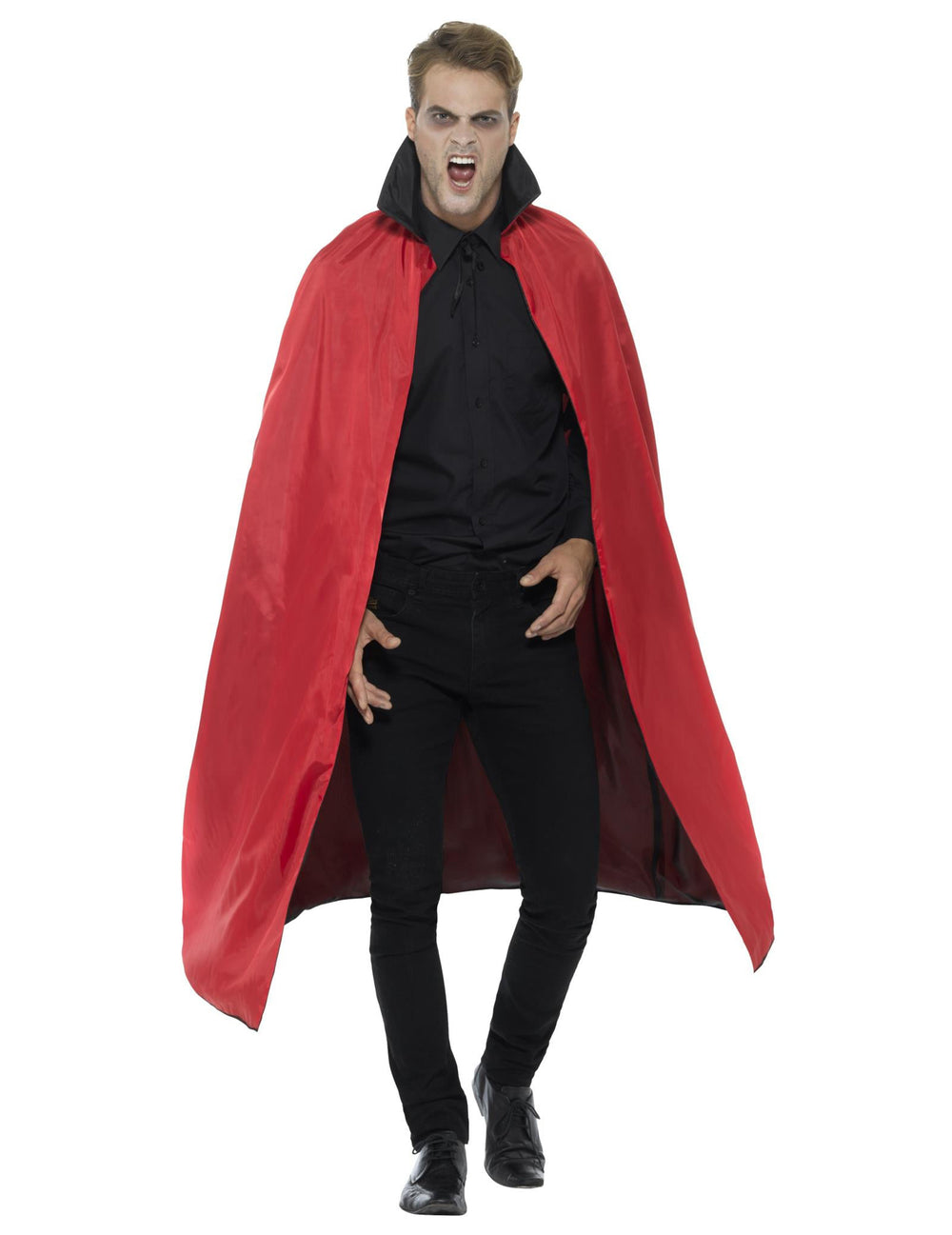 Vue de face du côté rouge de la cape satinée de vampire