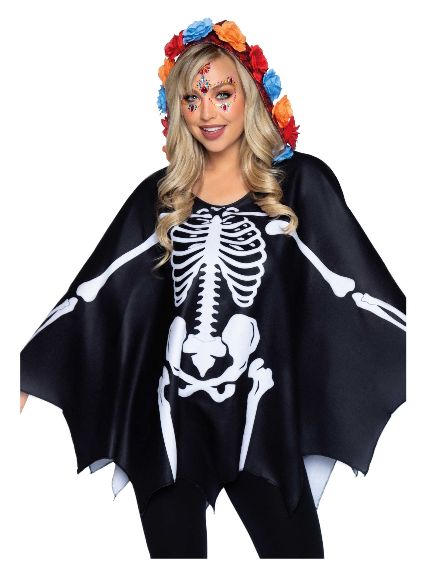 Cape squelette pour femme noire avec imprimé os blanc
