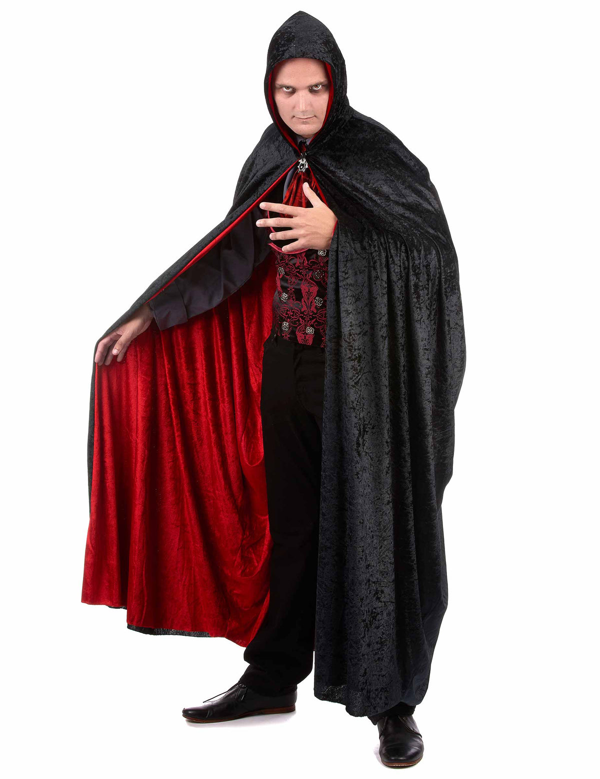 Cape de vampire pour adulte rouge et noire réversible en velours luxe