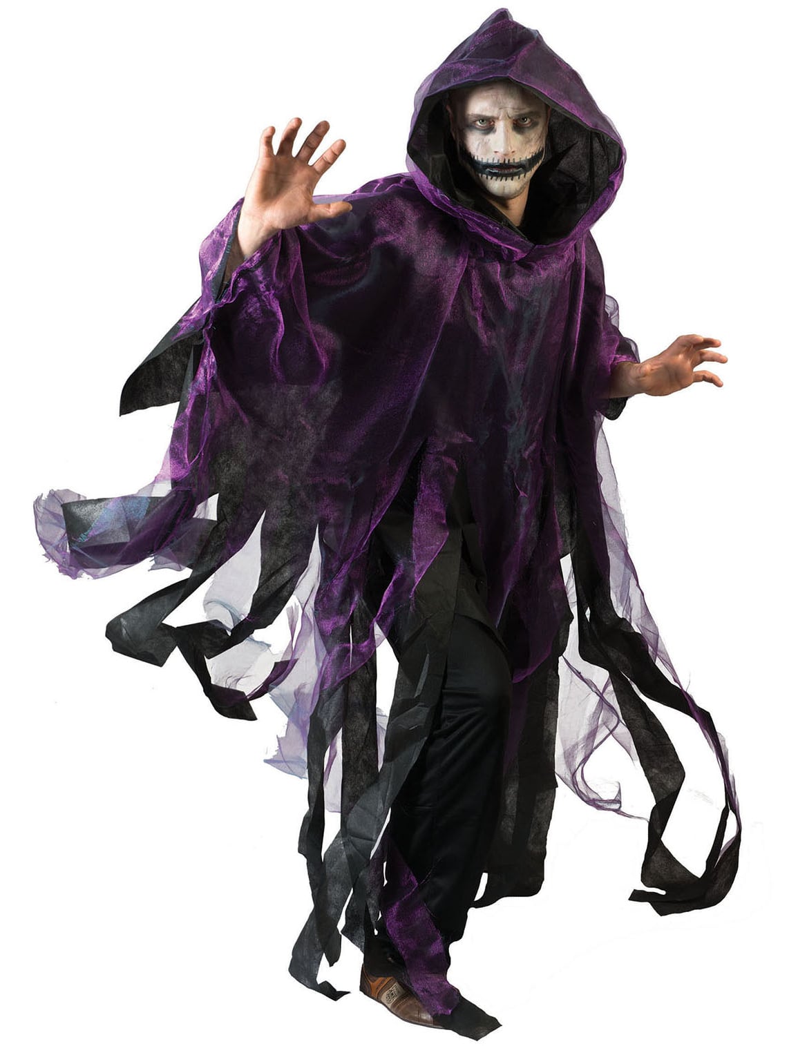 Cape Halloween pour adulte violette et noire avec capuche à lambeaux