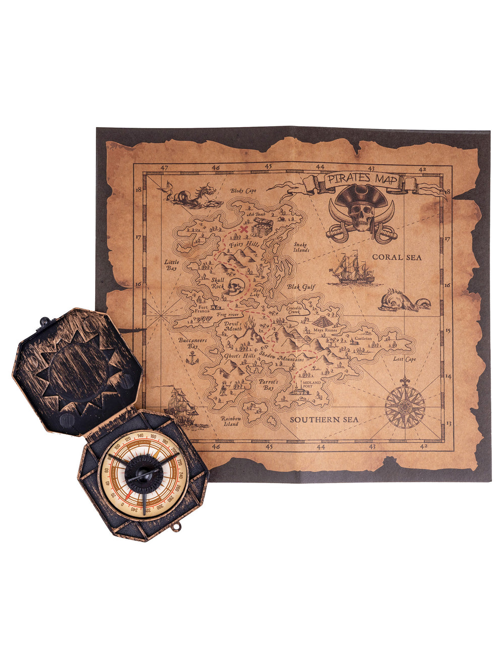 Carte au trésor pirate pour enfant et adulte marron avec boussole