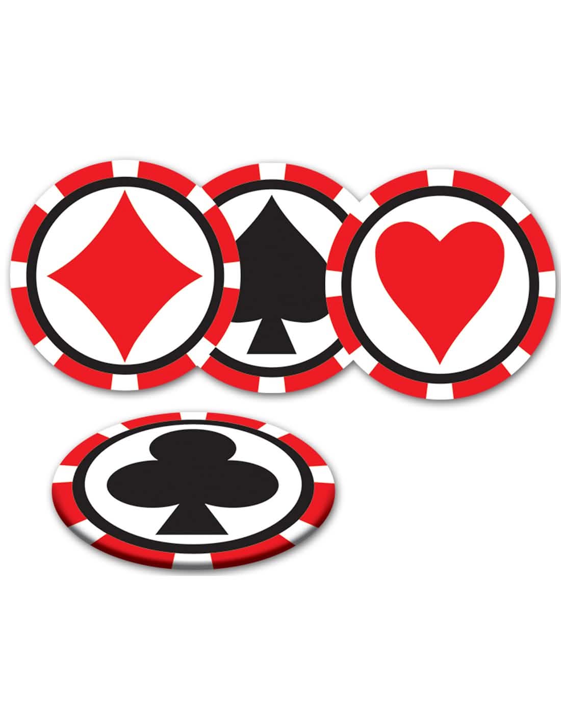 Bases para copos com padrão de fichas de casino para festa, vermelhas e brancas