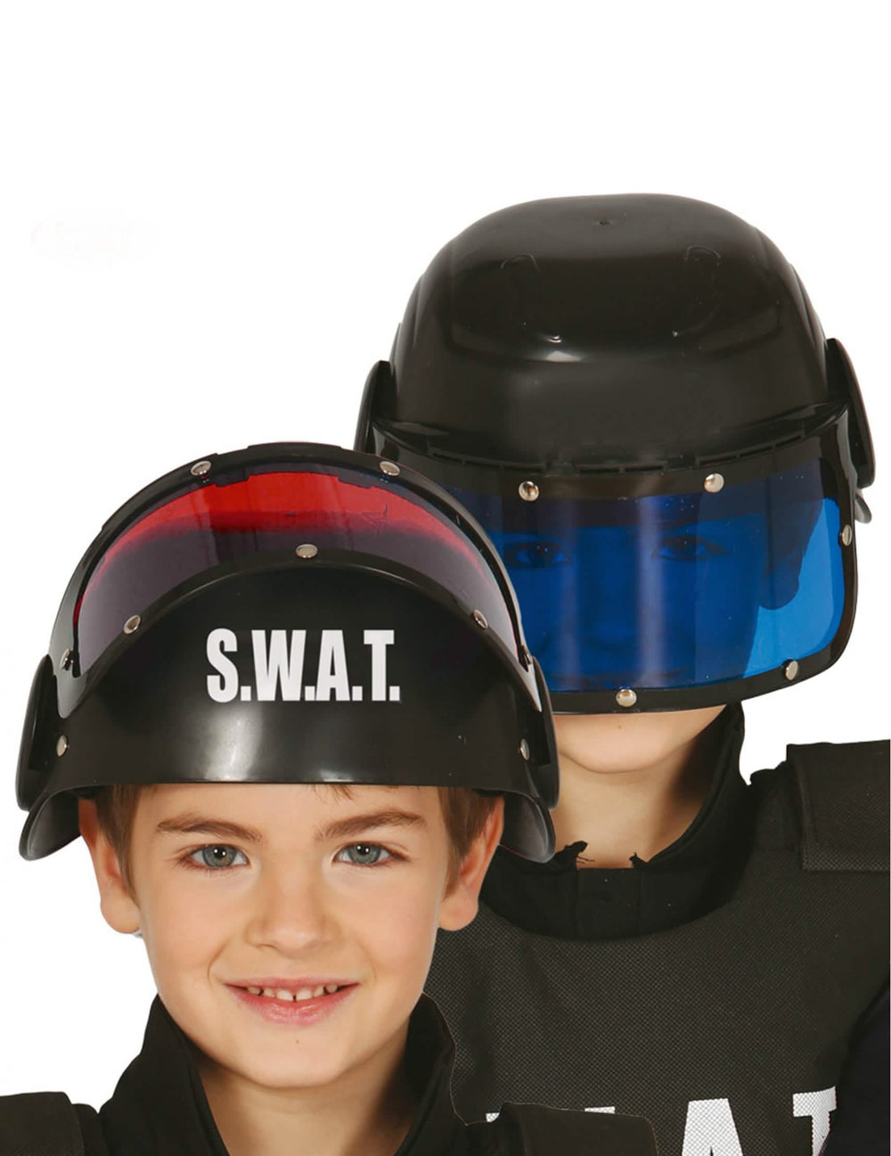 Capacete com viseira SWAT para criança preto com marcação branco e viseira azul