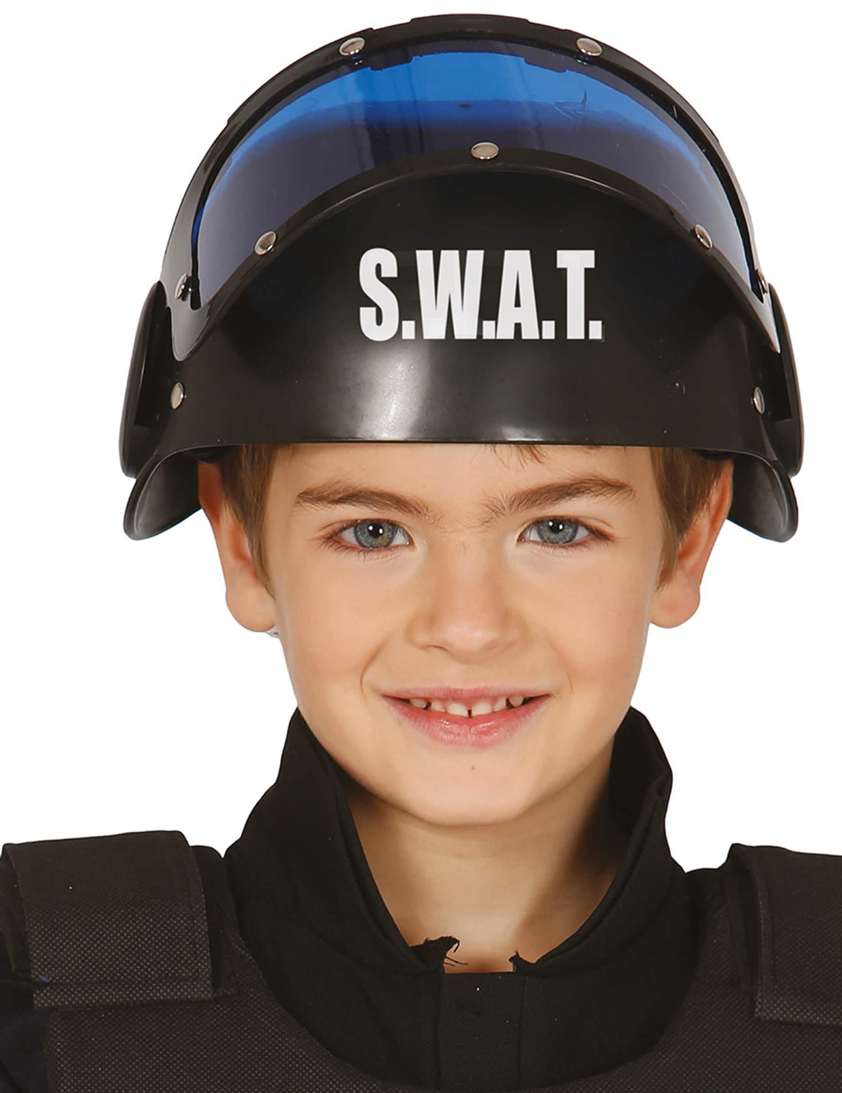 Vista frontal do capacete com viseira SWAT para criança