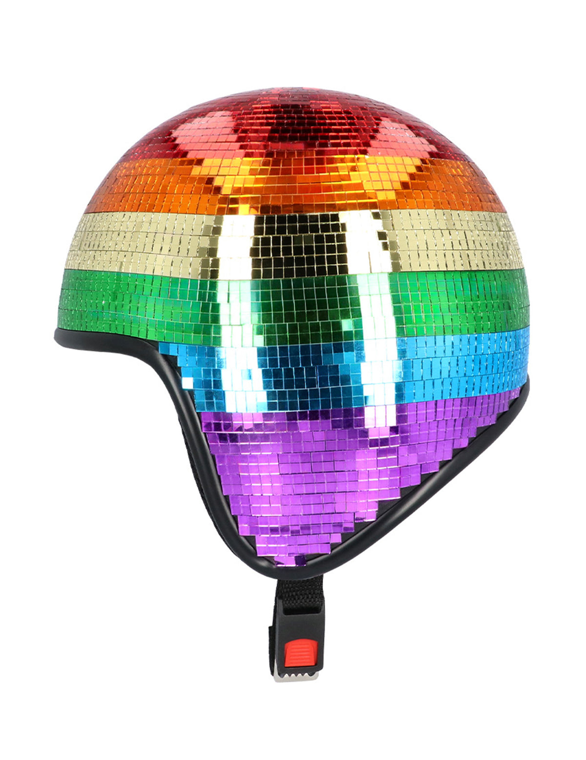 Vue de profil du casque boule à facettes arc en ciel pour adulte