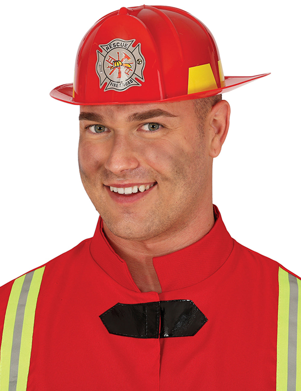 Casque de pompier pour adulte rouge avec écusson frontal et bandes jaunes