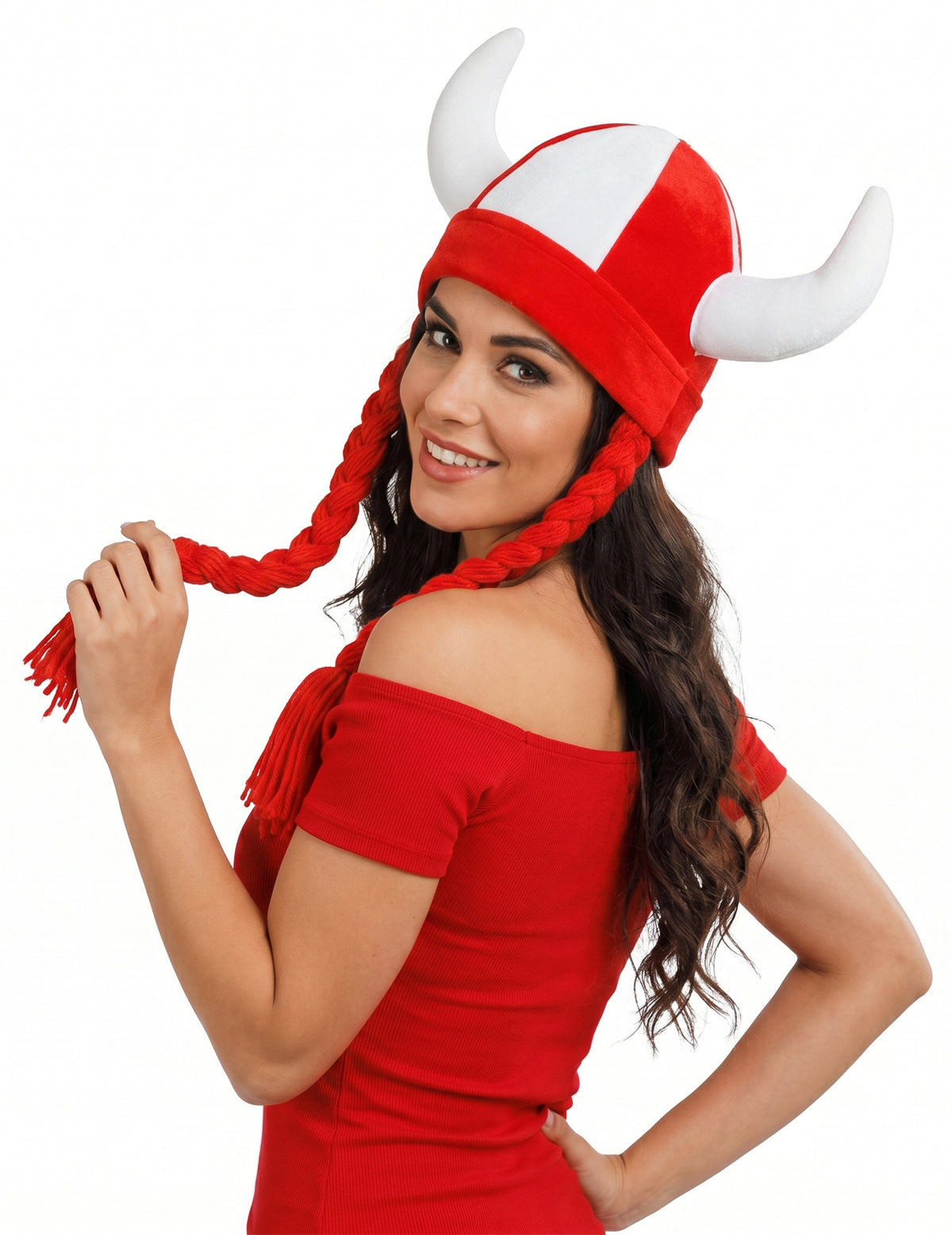 Capacete de tecido com chifres e tranças adepto branco e vermelho