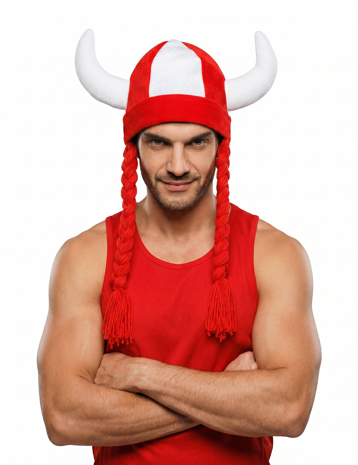 Capacete de tecido com chifres e tranças adepto branco e vermelho