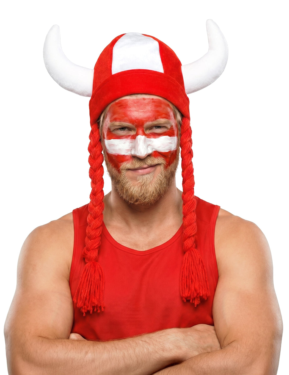 Capacete de tecido com chifres e tranças adepto branco e vermelho