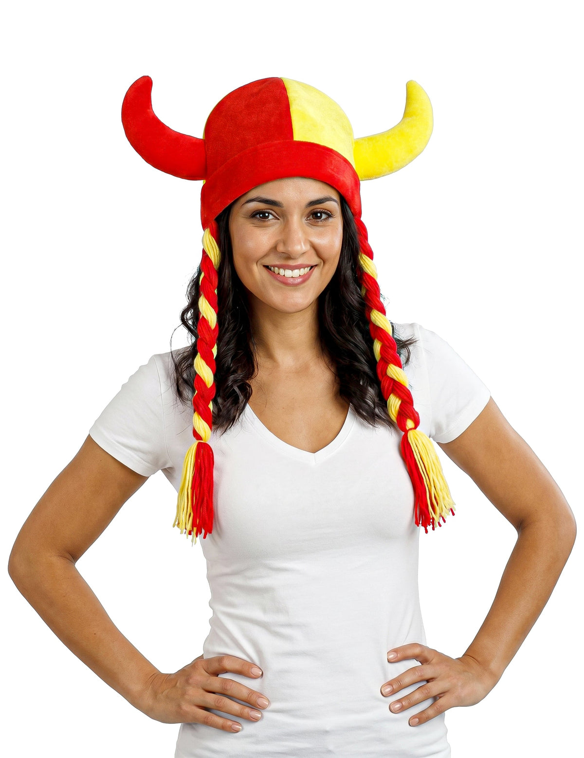 Capacete em tecido com chifres e tranças de adepto vermelho e amarelo Espanha