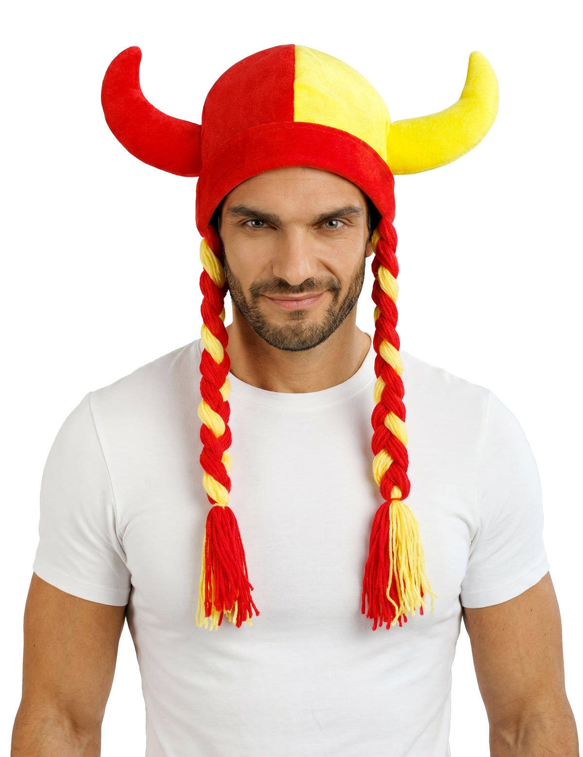 Capacete em tecido com chifres e tranças de adepto vermelho e amarelo Espanha