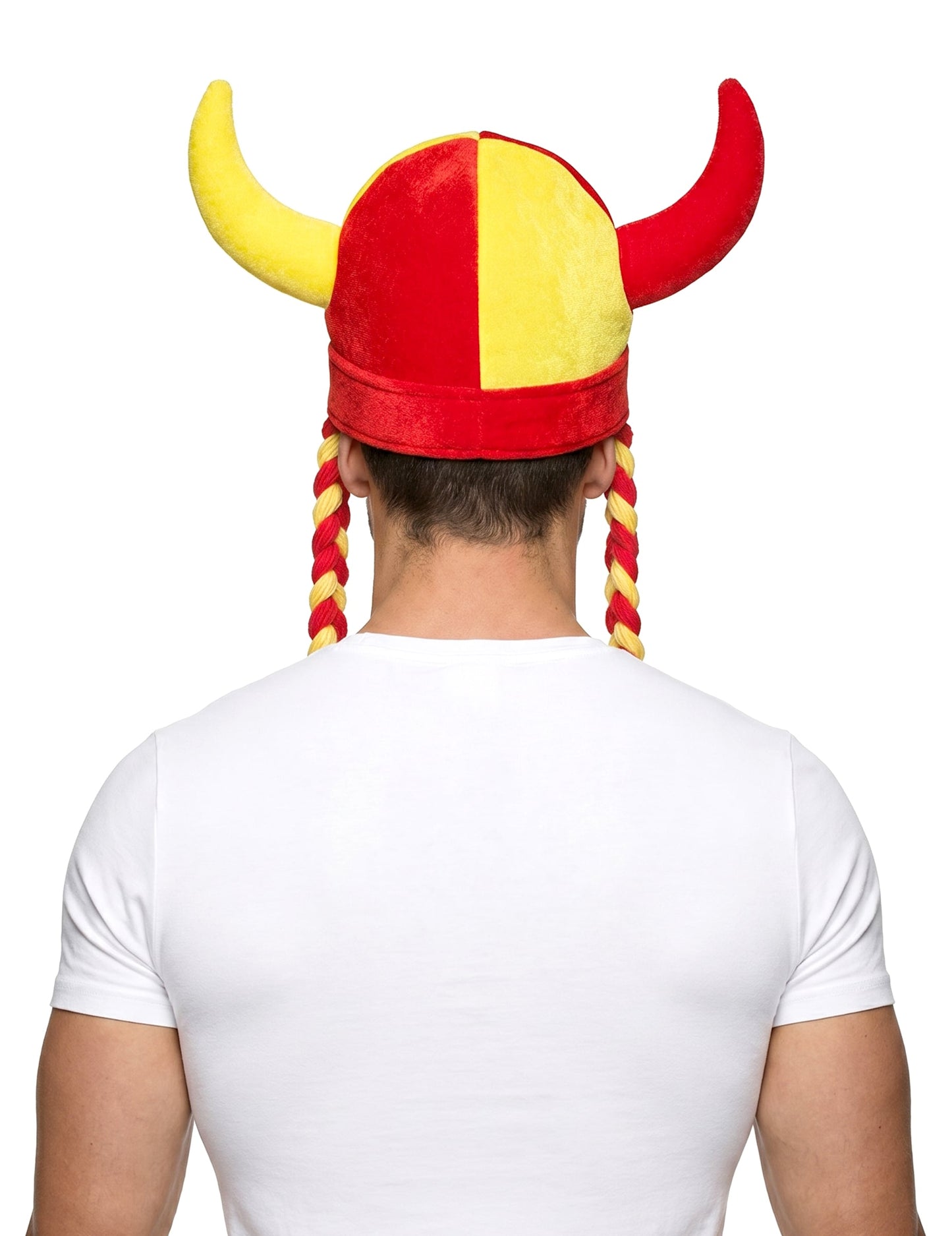 Capacete em tecido com cornos e tranças de adepto vermelho e amarelo Espanha