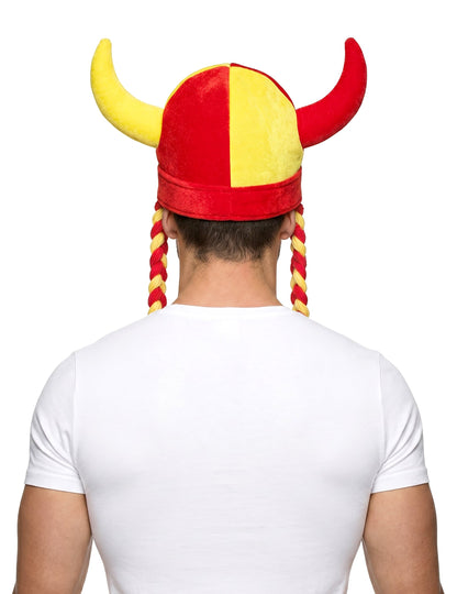 Capacete em tecido com cornos e tranças de adepto vermelho e amarelo Espanha