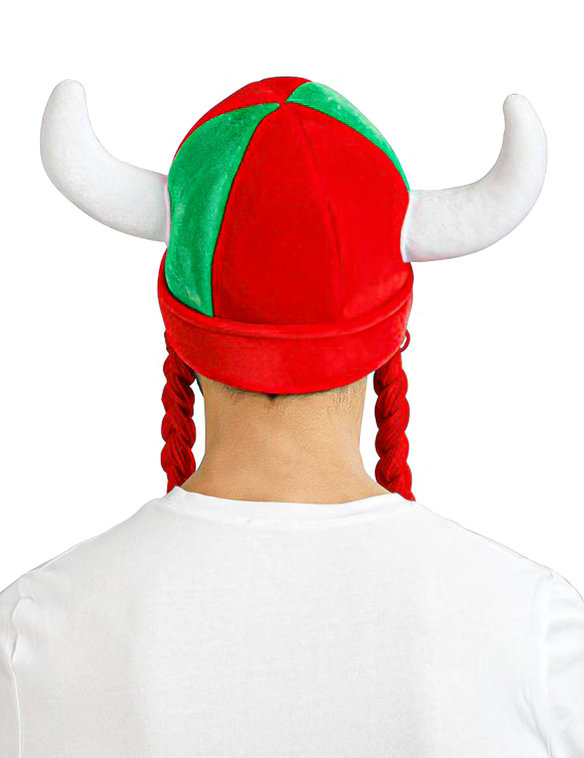 Capacete em tecido com cornos e tranças adepto vermelho e verde Portugal