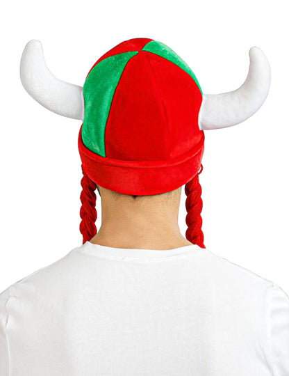Capacete em tecido com cornos e tranças, adepto vermelho e verde Portugal