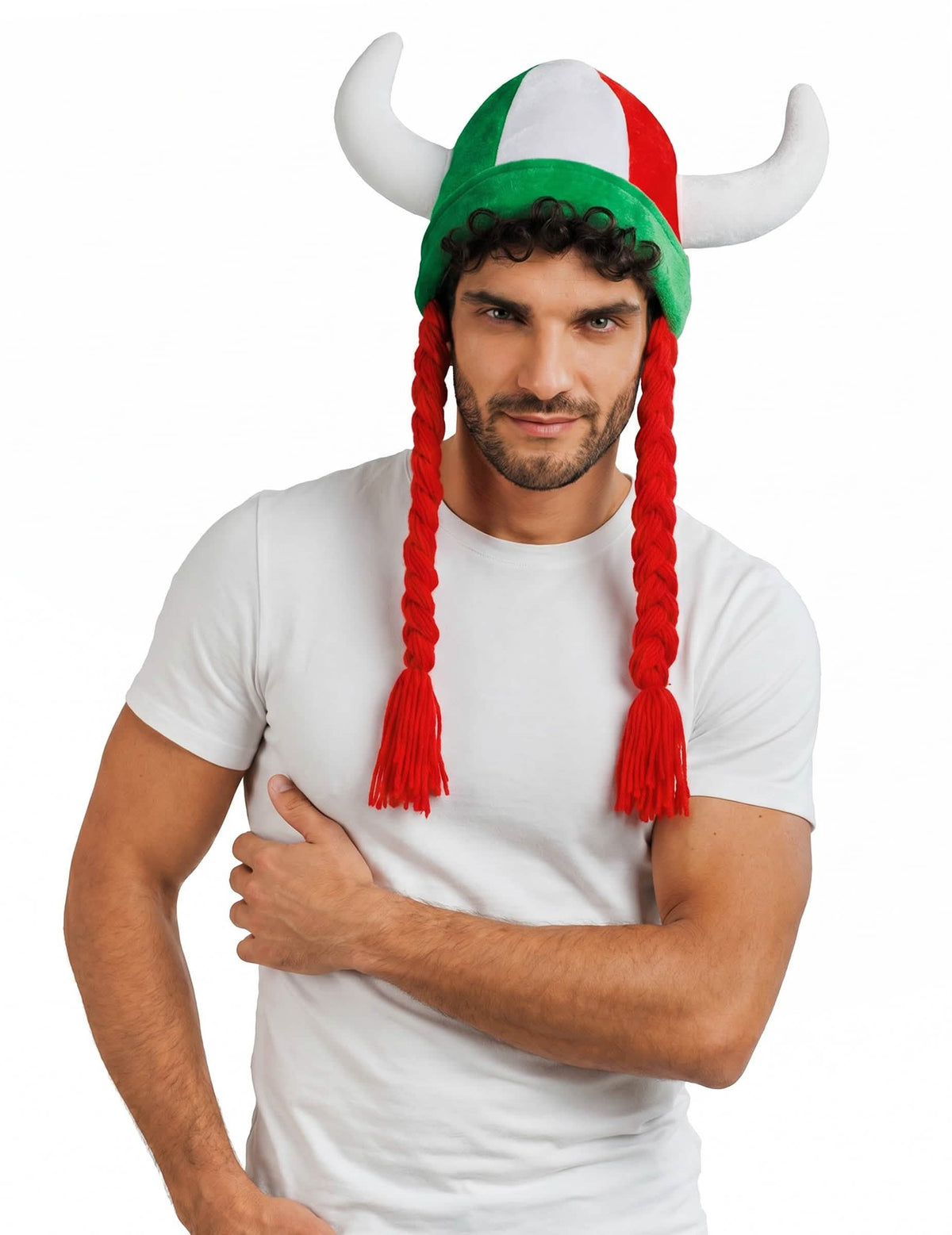 Capacete de tecido com chifres e tranças de adepto verde branco vermelho Itália