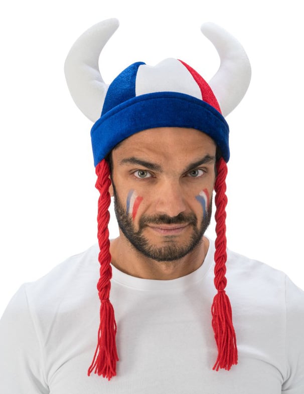 Casque gaulois avec cornes et tresses pour adulte bleu blanc rouge