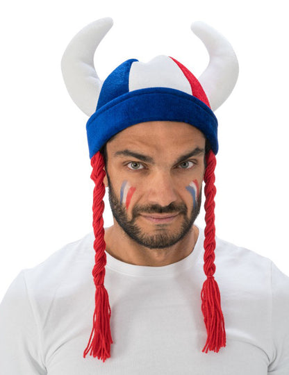Casque gaulois avec cornes et tresses pour adulte bleu blanc rouge