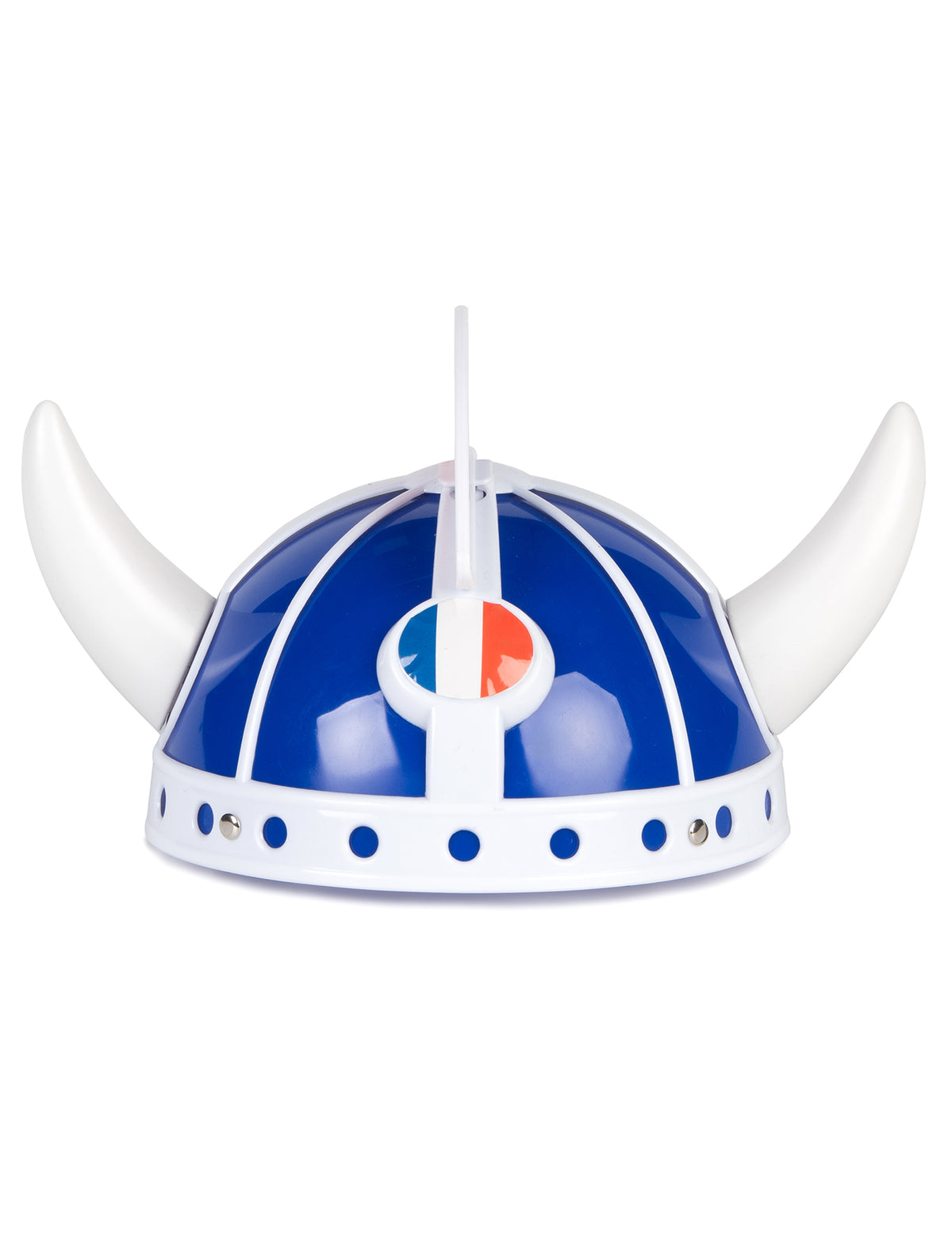 Gros plan sur la cocarde tricolore du casque gaulois supporter pour adulte