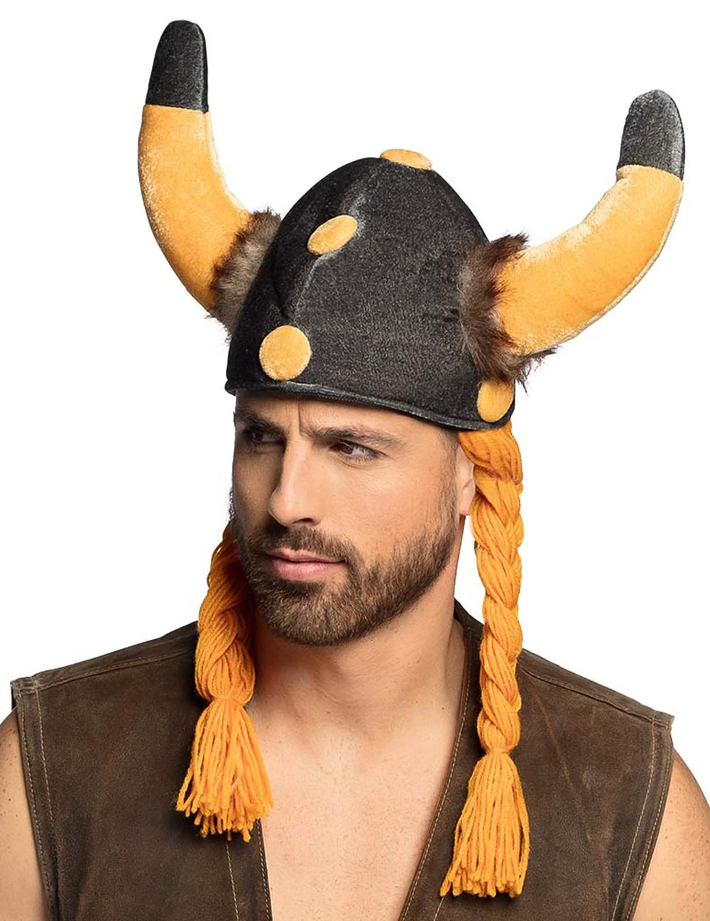 Casque gaulois pour homme noir avec cornes et nattes orange