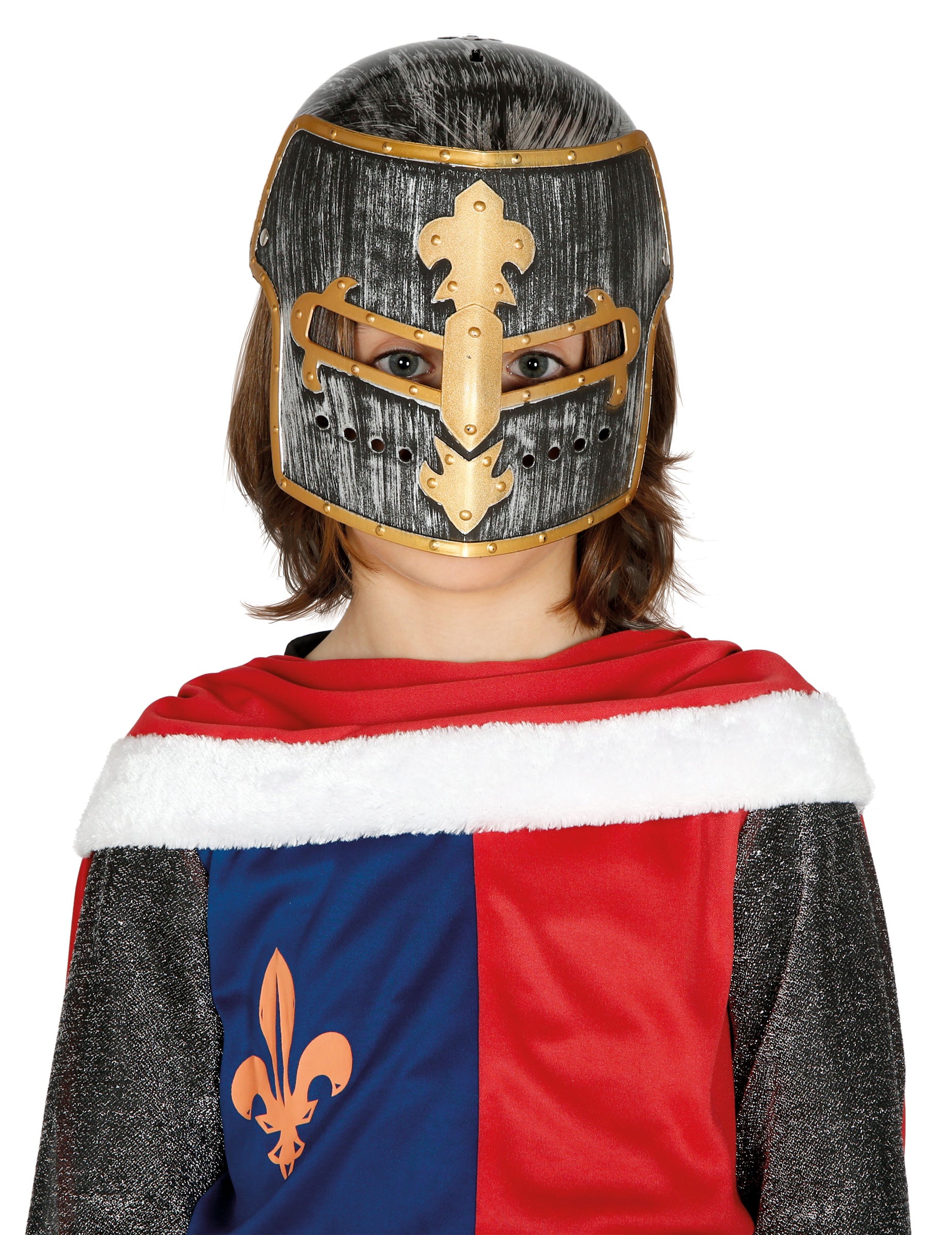 Casque chevalier médiéval pour enfant noir et doré avec fleur de lys