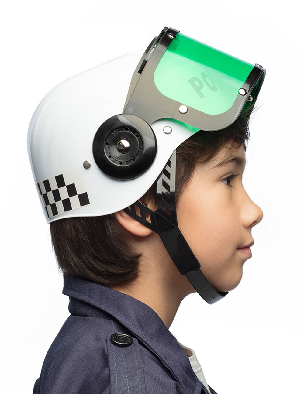 Vue de profil avec visière relevée du casque de police pour enfant