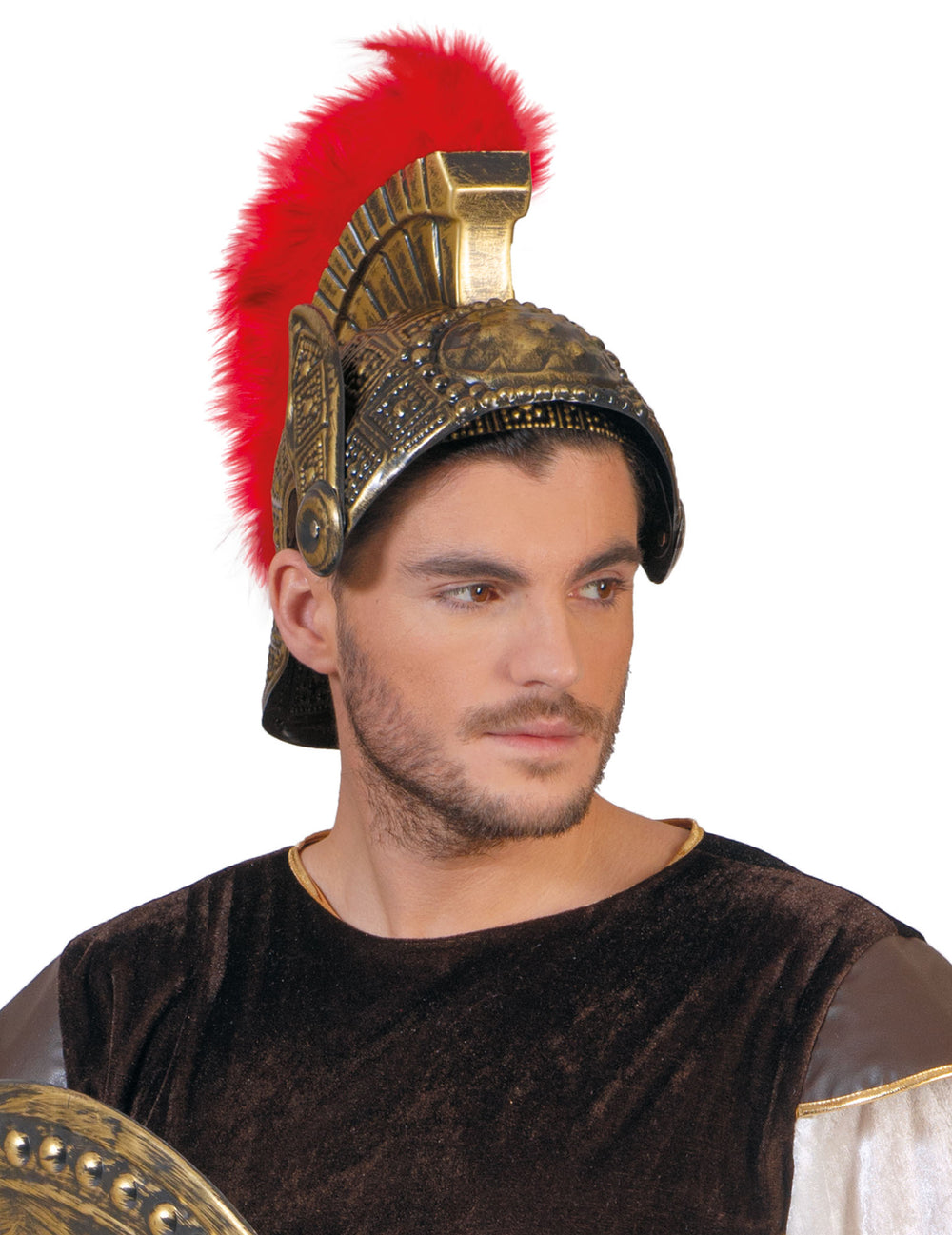 Casque romain pour adulte doré avec plumes rouges