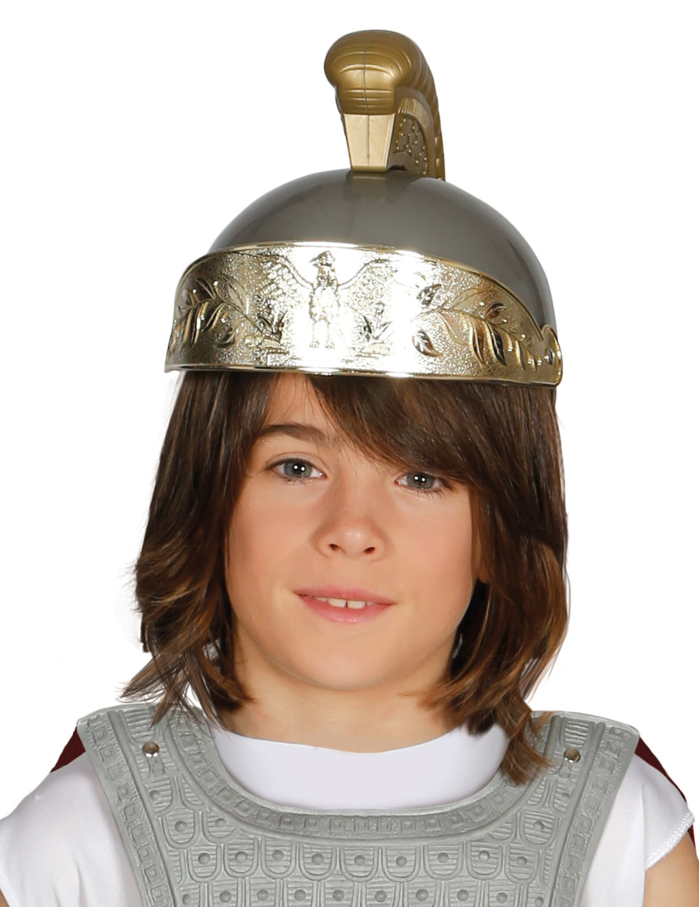 Casque romain pour enfant argenté et doré avec crête moulée