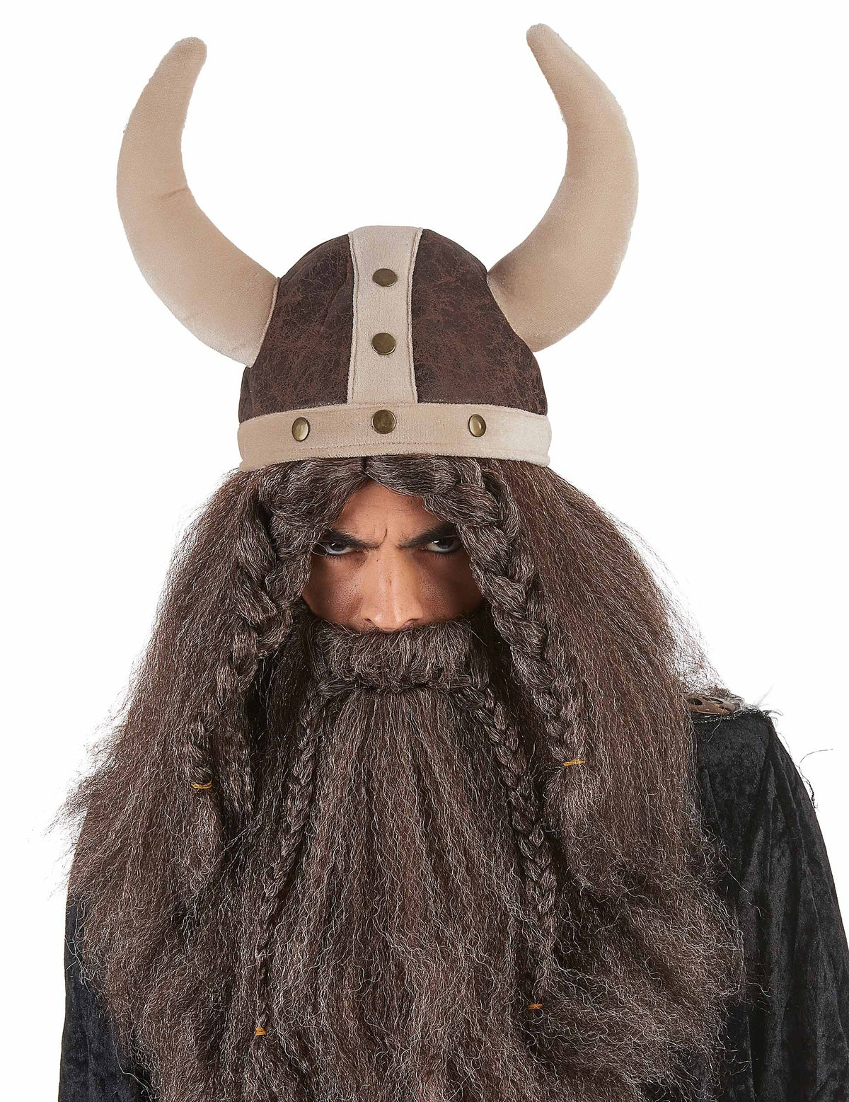 Casque viking souple pour adulte marron avec cornes et barbe