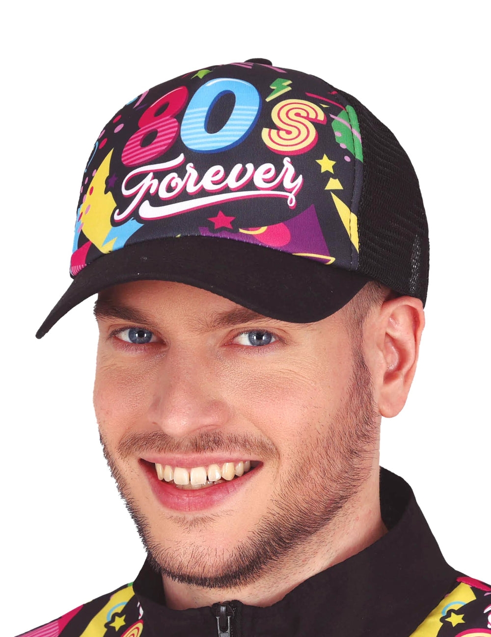 Casquette 80's forever pour adulte noire à motifs colorés fluo