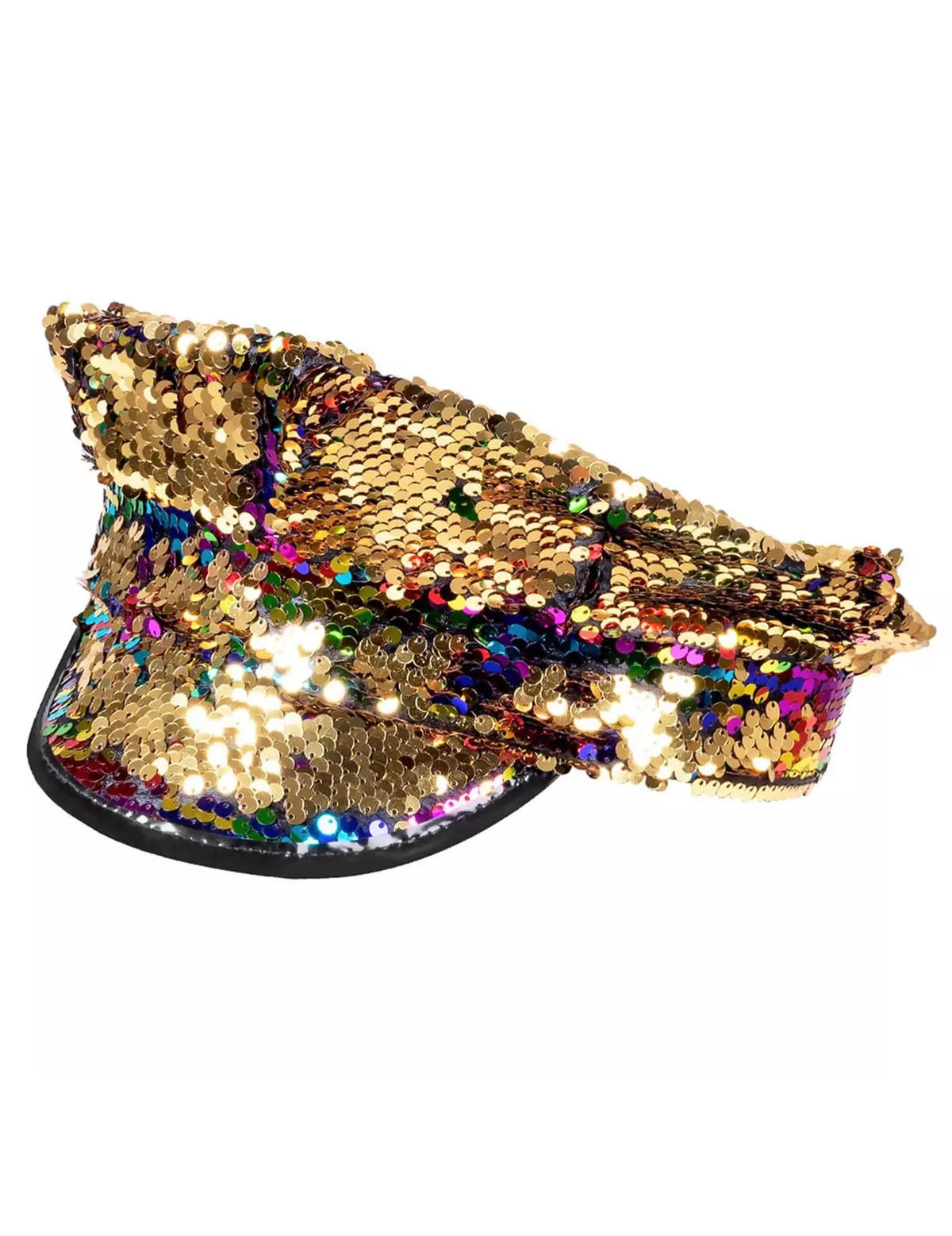 Vue de profil de la casquette à sequins réversibles pour adulte arc-en-ciel et or
