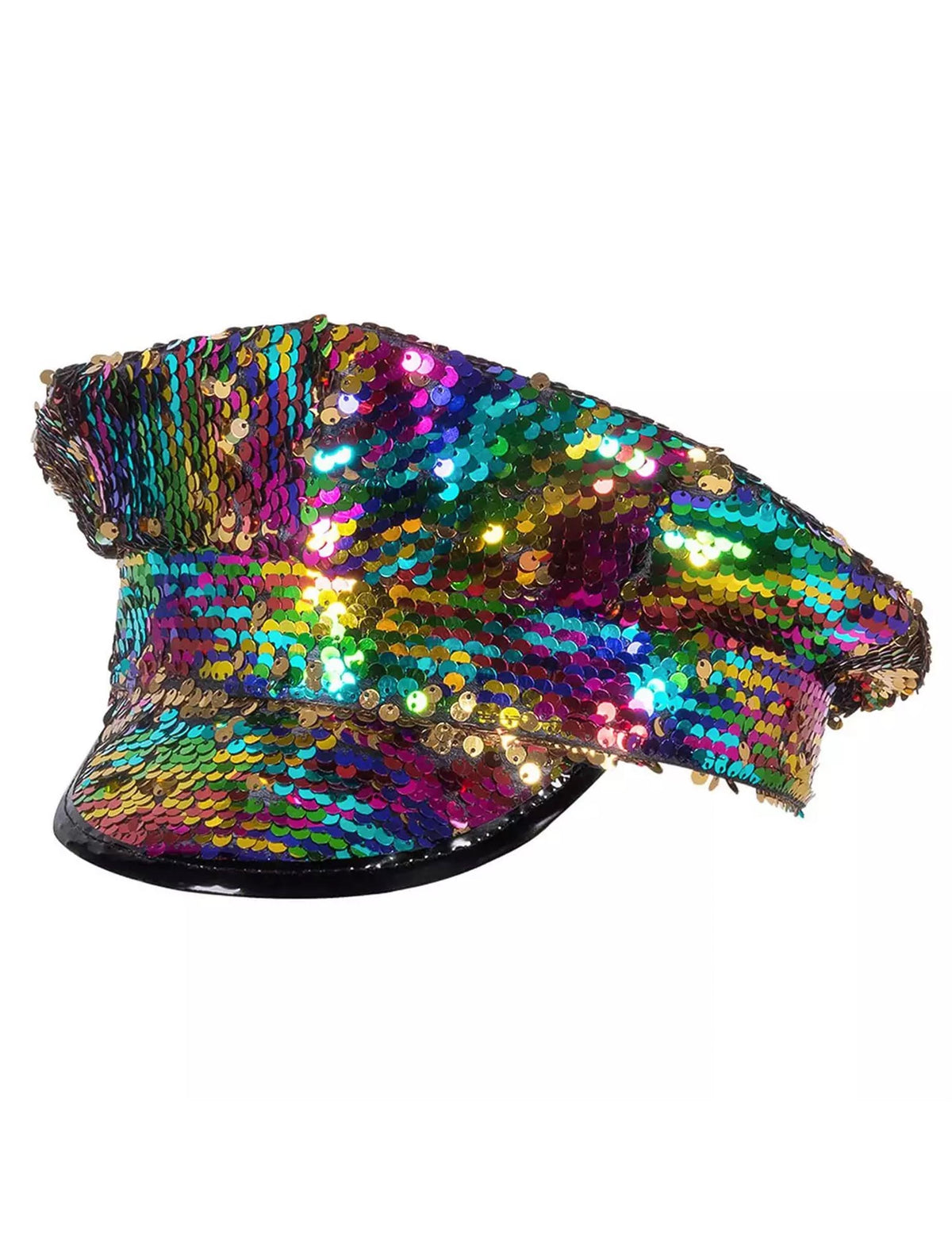 Vue de trois-quart de la casquette à sequins réversibles pour adulte arc-en-ciel et or