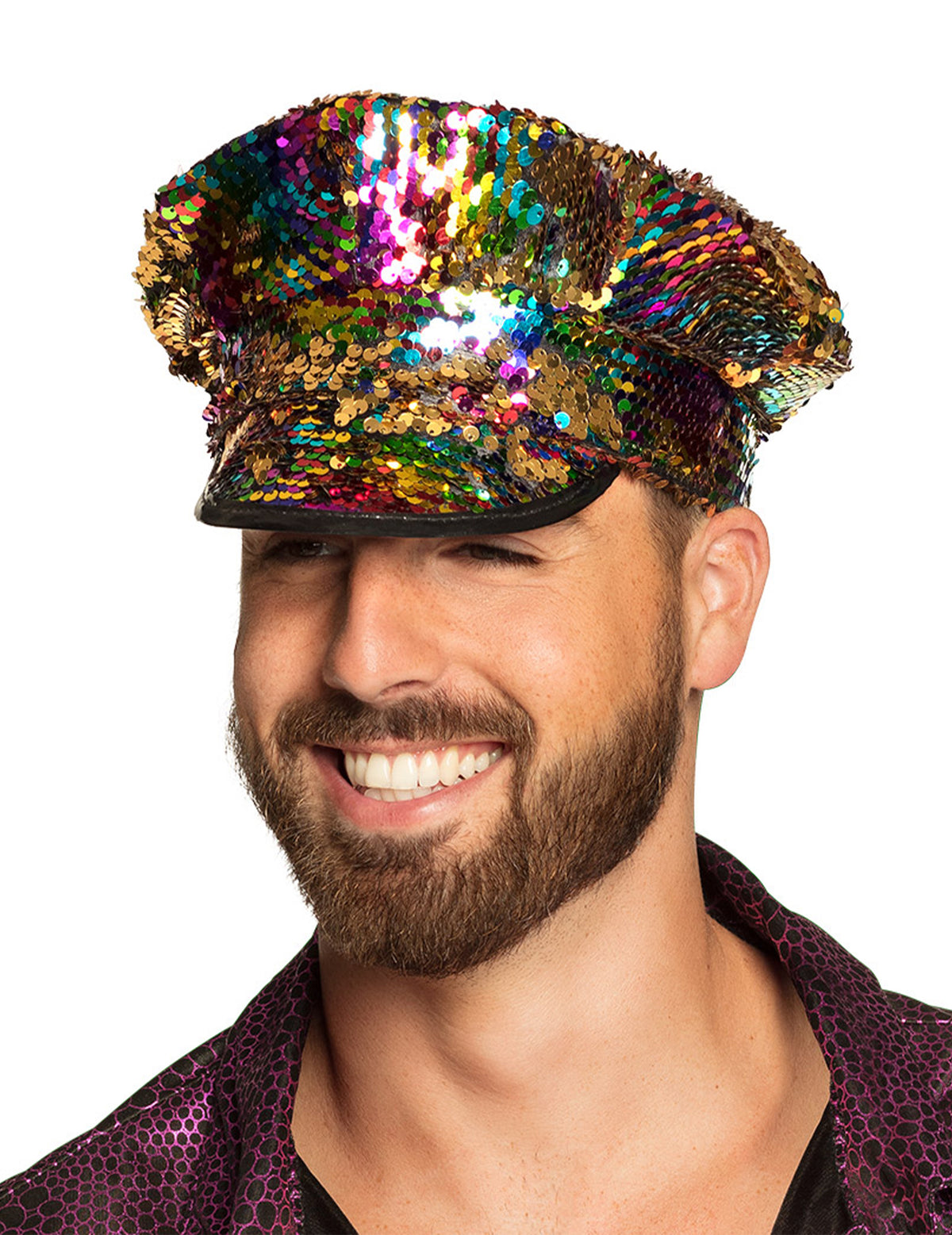 Vue de face de la casquette à sequins réversibles pour adulte arc-en-ciel et or