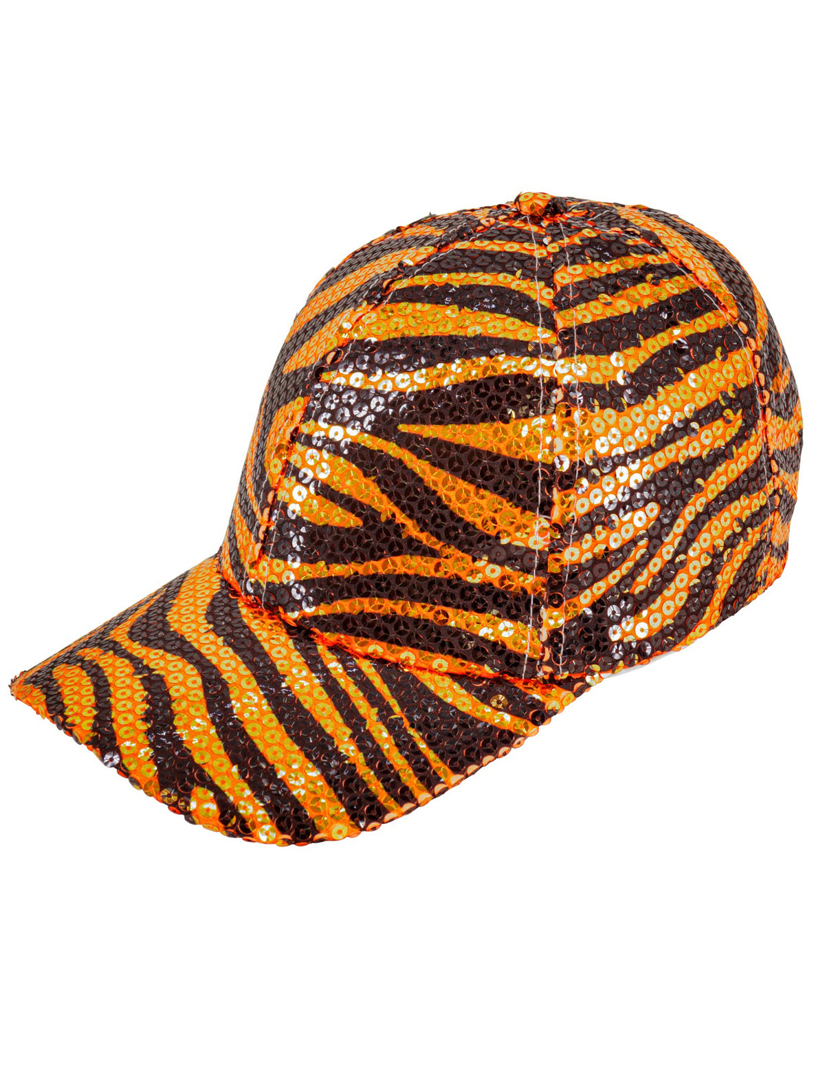 Vue de trois-quarts de la casquette à sequins tigrée