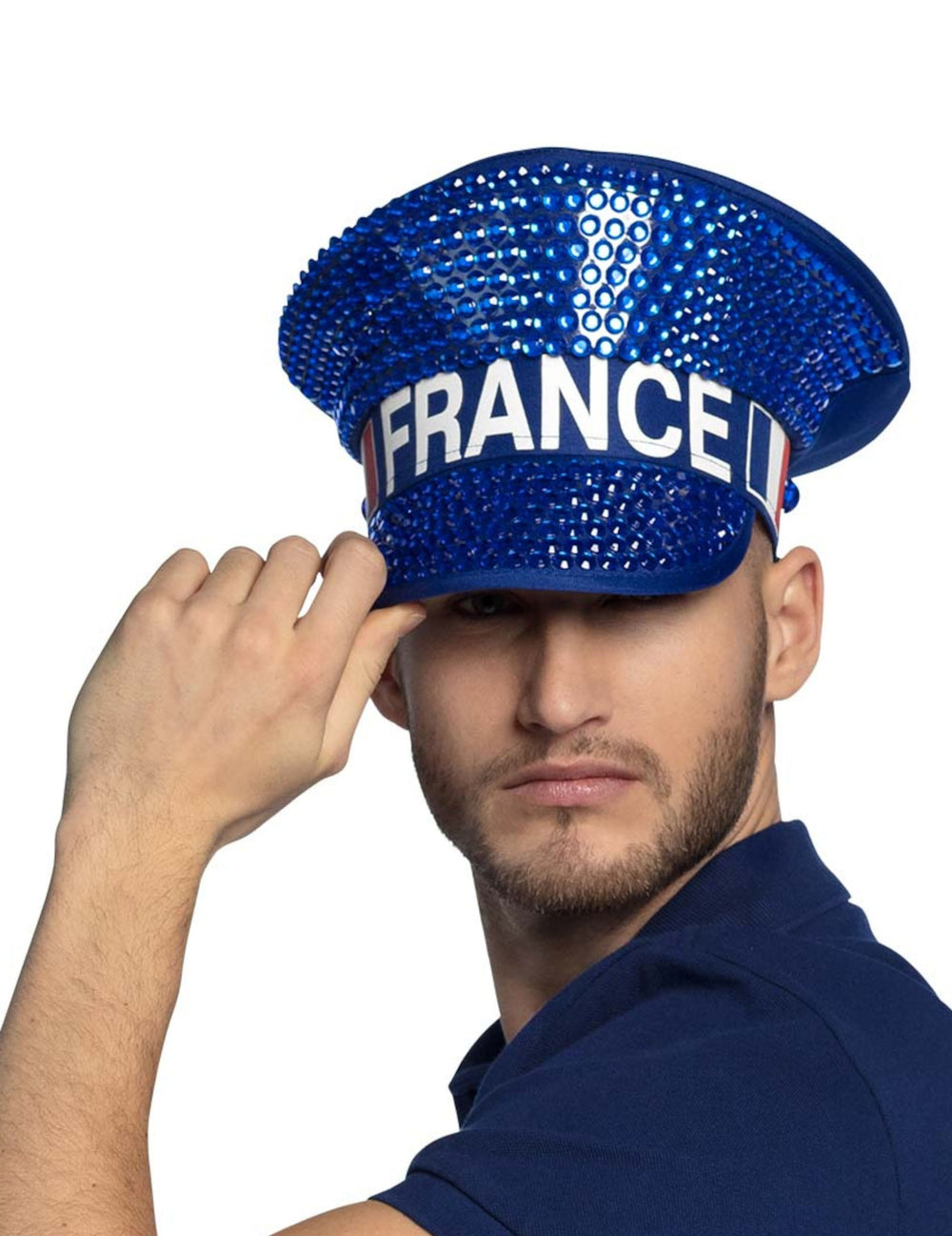 Casquette à strass France pour adulte bleue scintillante