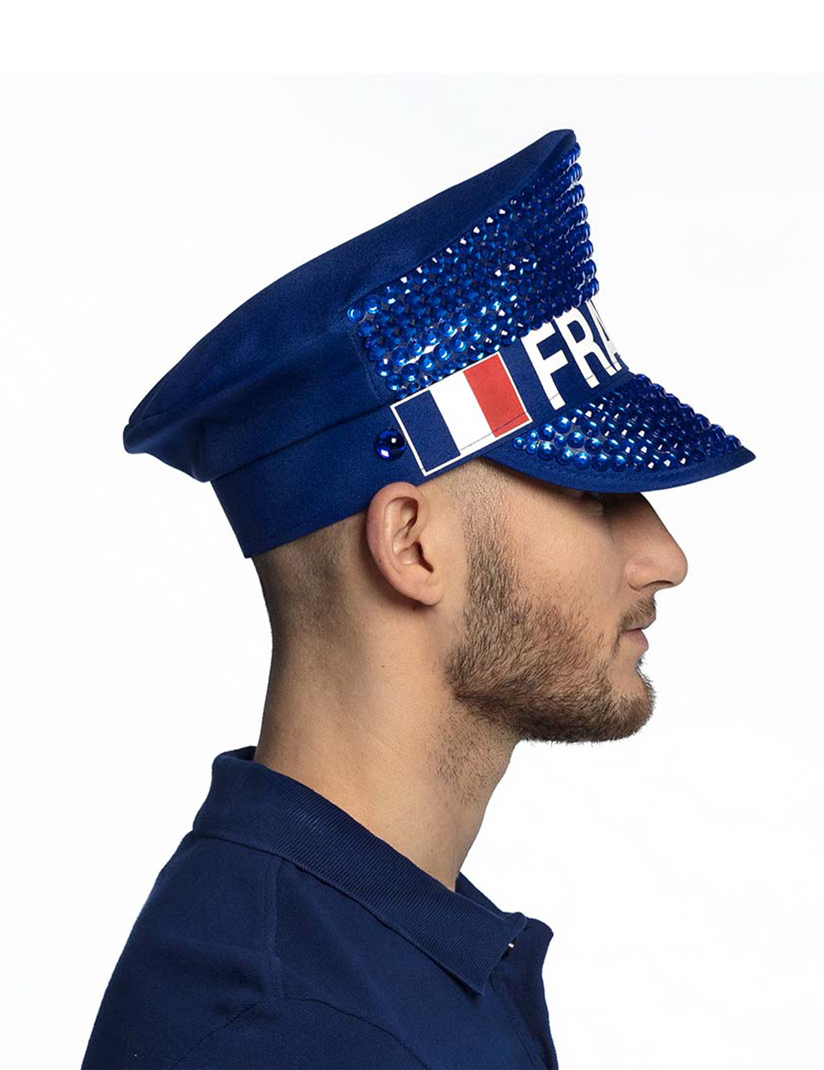 Vue de profil de la casquette à strass France