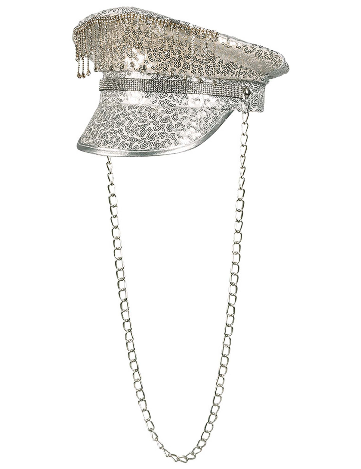 Vue de profil de la casquette avec chaine et sequins