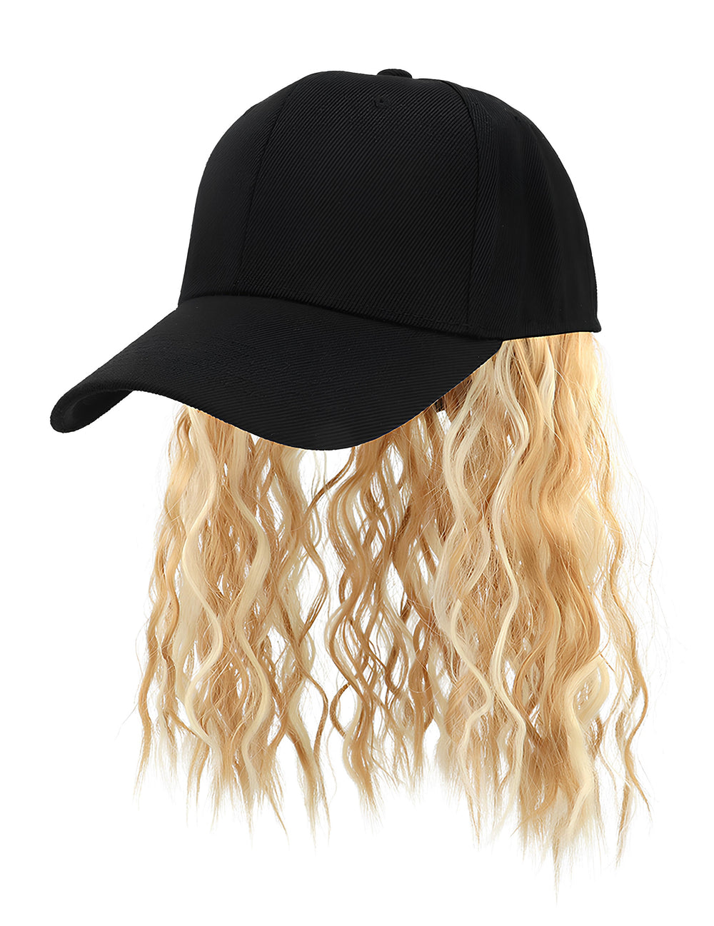 Vue de profil de la casquette avec perruque blonde