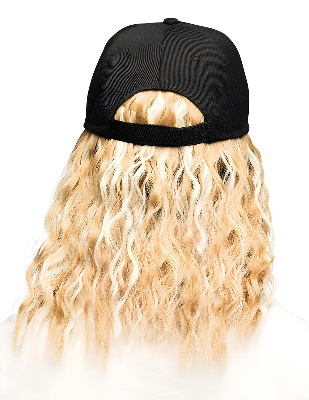 Vue de dos de la casquette avec perruque blonde