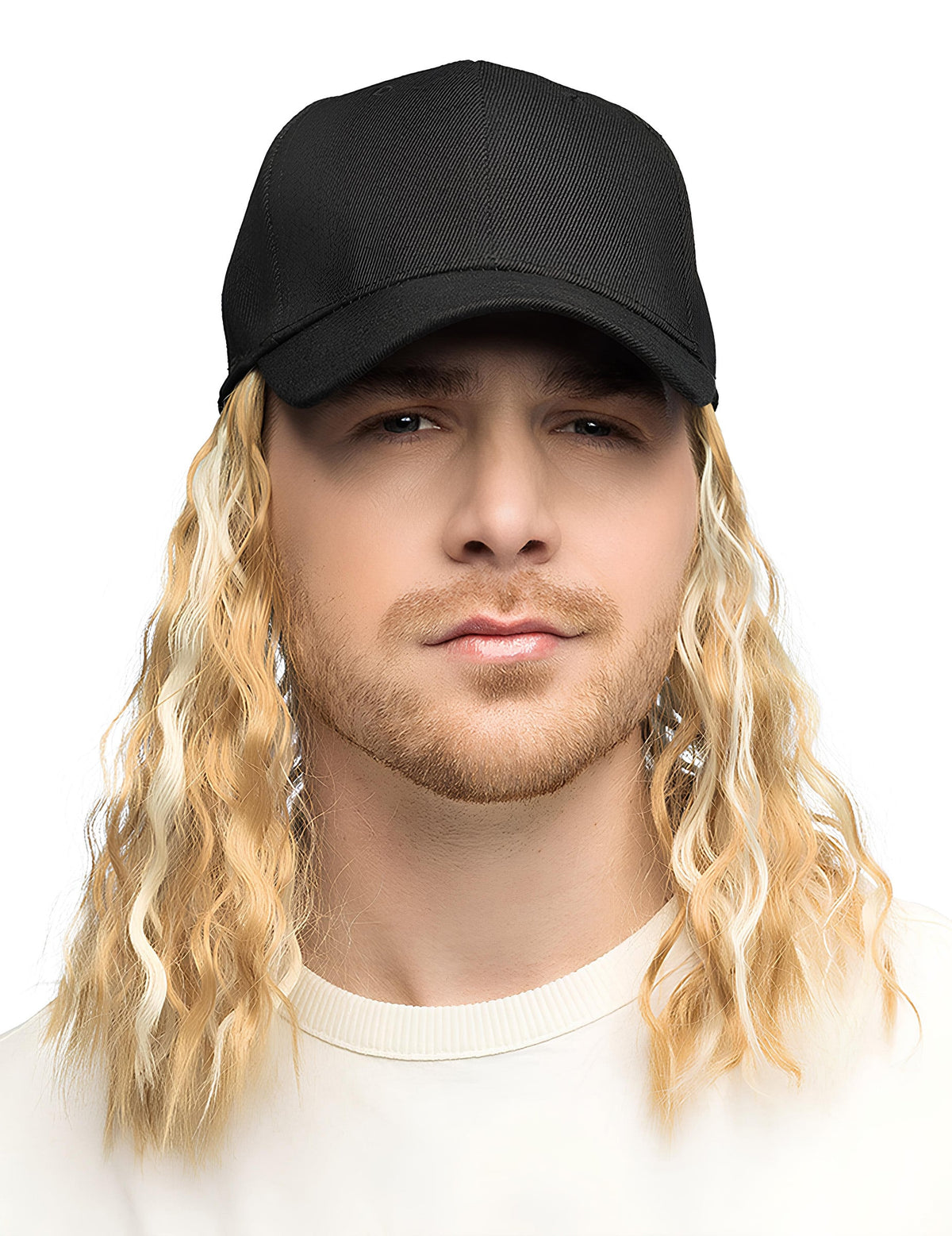 Casquette avec perruque blonde pour homme noire et ondulée