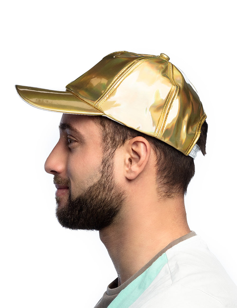 Vue de profil de la casquette dorée iridescente pour adulte