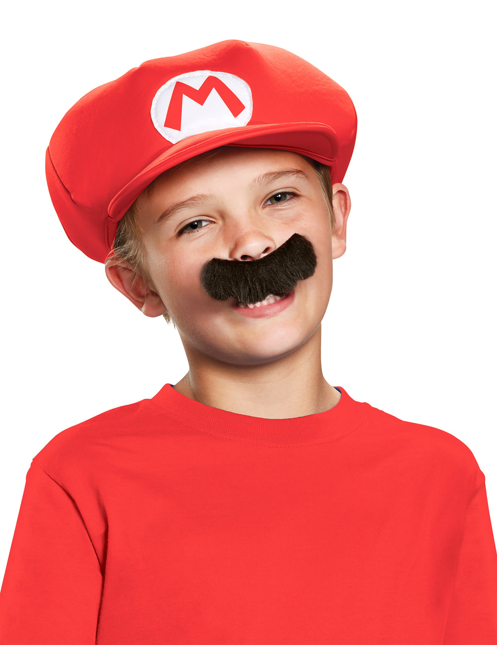 Casquette et moustache Mario pour enfant rouge avec logo M et moustache noire