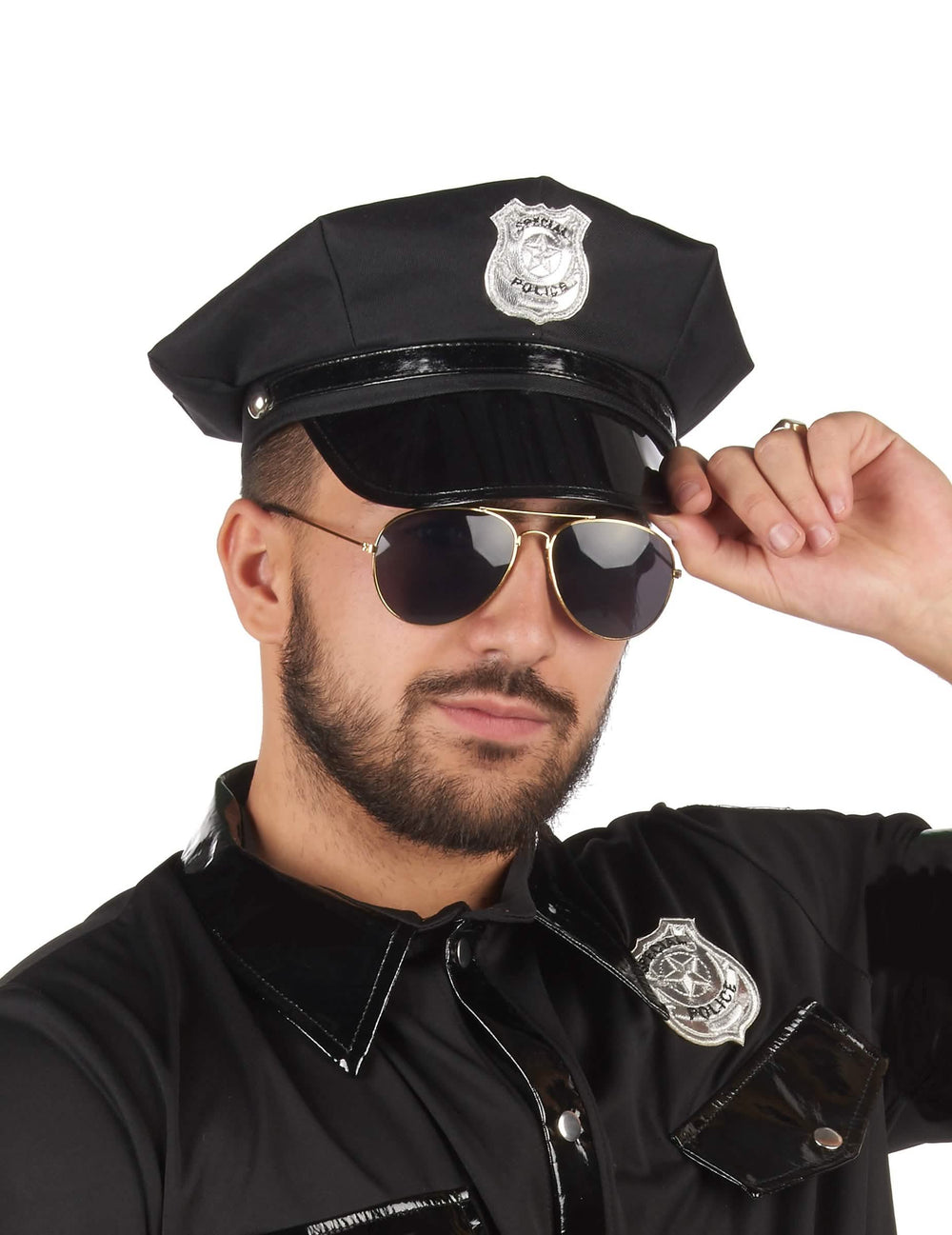 Boné de polícia para adulto preto com distintivo prateado