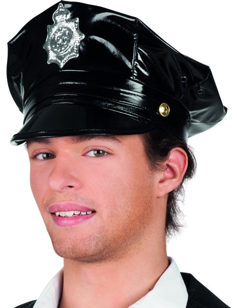Casquette de policier pour adulte noire à effet vinyle avec badge argenté