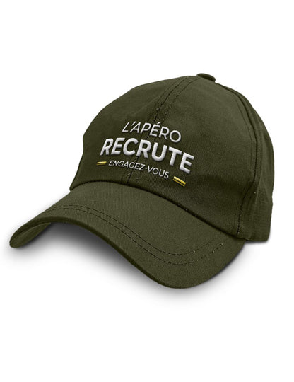 Casquette l'apéro recrute pour adulte vert kaki avec inscription blanche et jaune